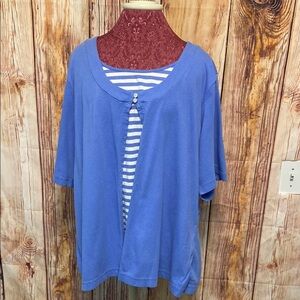 Blue Women's Top with Striped Inner Layer Cross & Barrow Pullover Blouse